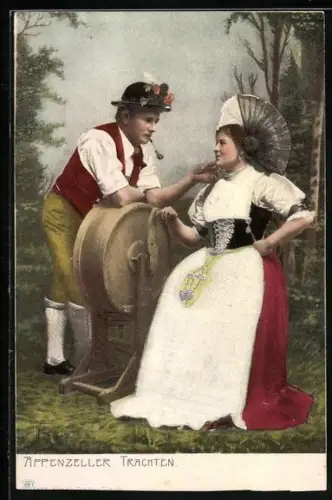 AK Appenzell, Appenzeller Paar inTracht bei einem Schleifstein