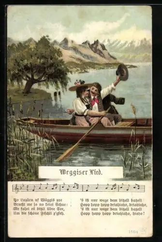 Künstler-AK Schweiz, Paar im Boot, Weggiser Lied