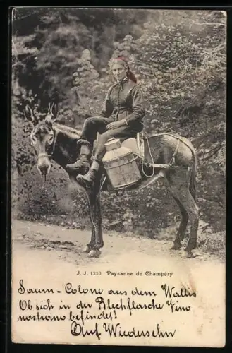 AK Champéry, Bäuerin auf einem Maultier