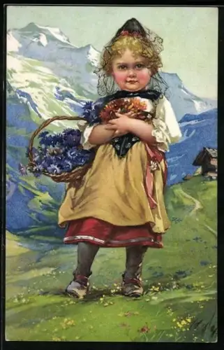 AK kleines Mädchen mit Blumenkorb auf der Alm