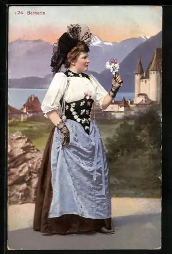 AK Bernerin in Tracht mit Hut und Blumen