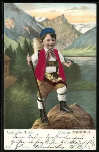 AK Knabe in Appenzeller Tracht beim Bergsteigen, West mit Stoffprägung