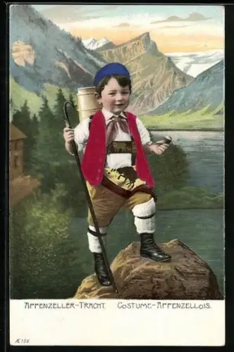 AK Knabe in Appenzeller Tracht beim Bergsteigen, West mit Stoffprägung