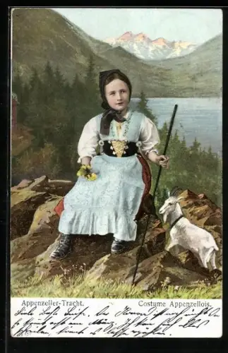 AK Kleines Mädchen mit Zicklein in Appenzeller Tracht