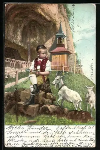 AK Kleiner Appenzeller Ziegenhirt vor einer Kapelle