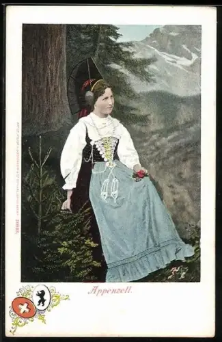 AK Schweiz, Appenzellerin in Tracht an einem Wald