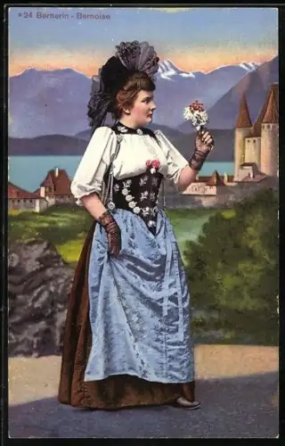 AK Bernerin in Tracht mit Blumen