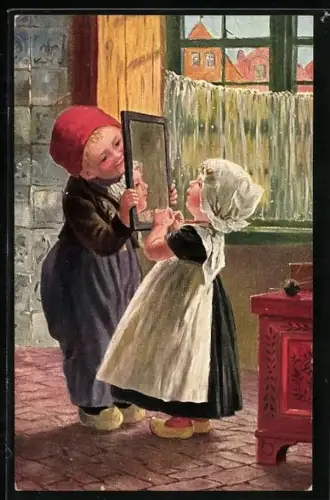 AK Niederländisches Kinderpaar in Holzschuhen mit einem Spiegel