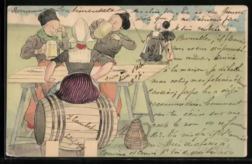 AK Zwei Niederländer bei Bier mit Frau am Tisch