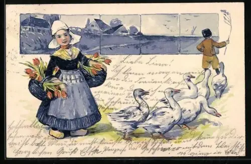 AK Mädchen in niederländischer Tracht mit zwei Körben voller Tulpen hinter Gänsen
