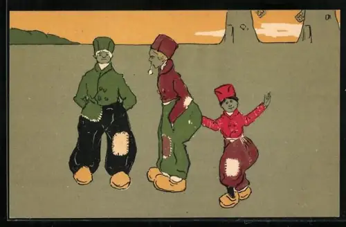 AK Zwei Niederländer und Junge in Holzschuhen
