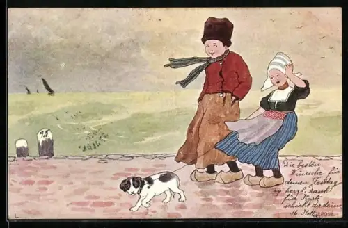 AK Niederländisches Paar in Holzschuhen mit Hund