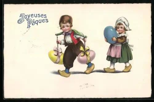 AK Niederländisches Kinderpaar mit Ostereiern, Ostergruss
