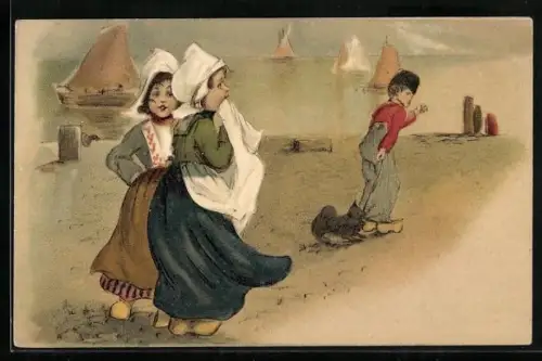 AK Mädchen in niederländischer Tracht verfolgen Jungen mit Hund
