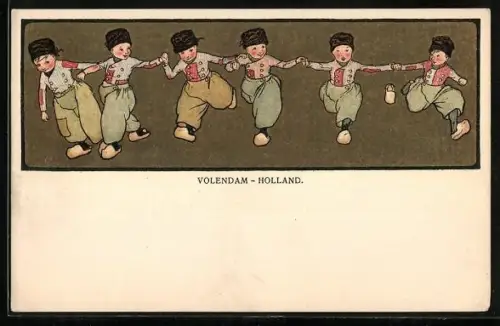 AK Volendam, Niederländische Jungen mit Holzschuhen rennen Hand in Hand