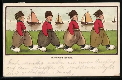 AK Niederländer in Tracht am Ufer mit Segelbooten