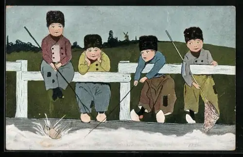 AK Vier Niederländer fischen nach einem Holzschuh