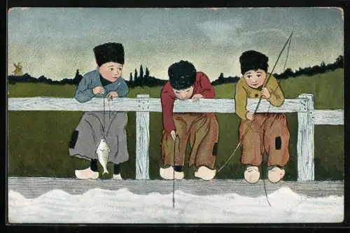 AK Junge Angler in holländischen Trachten am Wasser