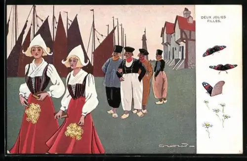 AK Niederländer schauen zwei Frauen nach, Schmetterlinge und Blumen