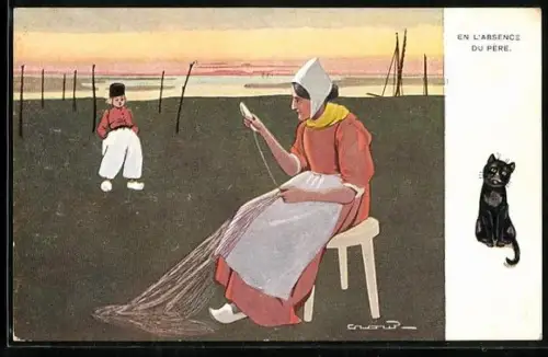 Künstler-AK Frau flickt ein Fischernetz und guckt zu ihrem Jungen, Katze