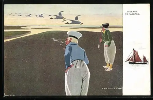 Künstler-AK sign. Crow: Leaving the Dutch, Wildgänse verlassen Holland