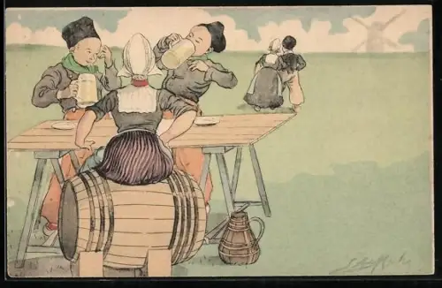 Künstler-AK niederländische Männer und Frau trinken Bier an einem Holztisch im Freien