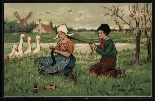 Künstler-AK Niederländischer Knabe flicht seiner Freundin einen Zopf