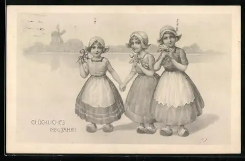 AK Drei niederländische Mädchen mit Zweigen, Im Hintergrund Windmühle, Neujahrsgruss