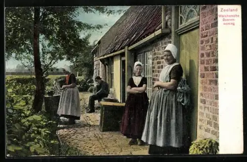 AK Zeeland, Walchersche Boerenwoningm niederländische Bauern in Tracht