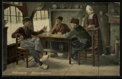 AK Volendam, Binnenkamer, Niederländer am Tisch