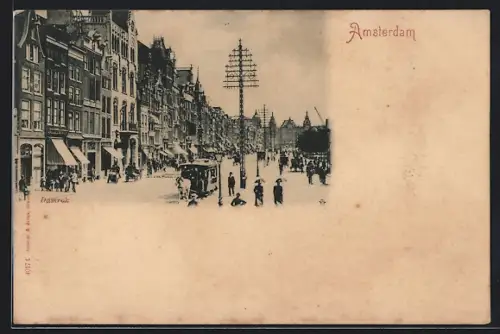 AK Amsterdam, Damrak, Pferdebahn