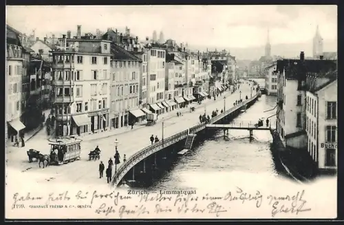 AK Zürich, Pferdebahn auf der Strasse am Limmatquai
