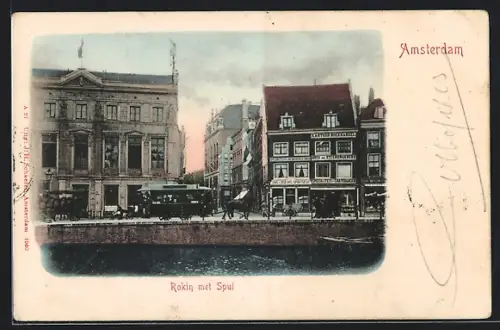AK Amsterdam, Rokin met Spui, Pferdebahn