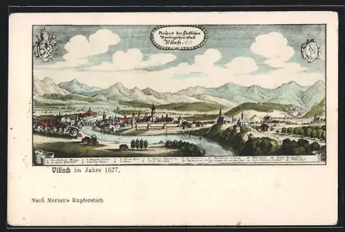 Künstler-AK Villach, Gesamtansicht aus dem Jahre 1677 nach Merian