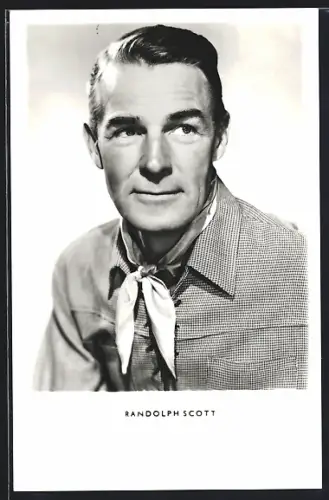 AK Schauspieler Randolph Scott im Hemd mit Halstuch
