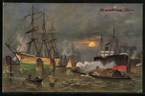 AK Segelschiff und andere Schiffe in einem Hafen