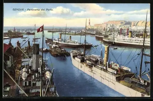 AK Genova, Panorama del Porto, Dampfer