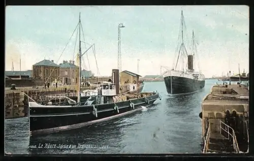 AK Le Havre, Sortie d`un Transatlantique, Schiff wird in den Hafen gezogen