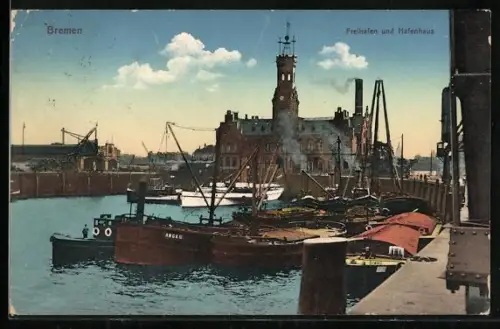 AK Bremen, Freihafen und Schiff vor dem Hafenhaus