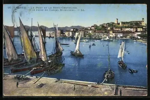 AK Cannes, Le Port et le Mont-Chevalier, Vue prise du Casino Municipal, Hafen