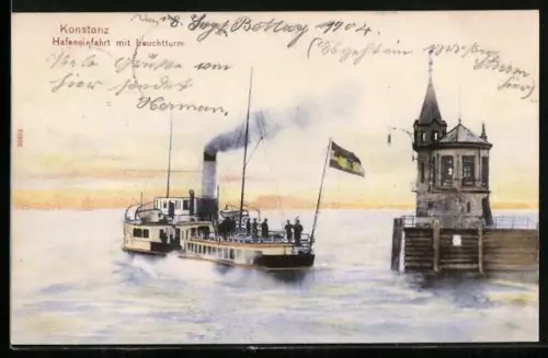 AK Konstanz, Hafeneinfahrt mit Leuchtturm u. Dampfer