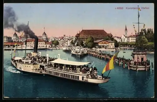 AK Konstanz, Hafen mit Dampfern u. Stadtpanorama