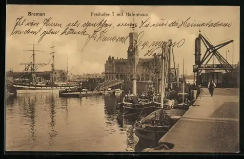 AK Bremen, Freihafen I mit Hafenhaus, Segelschiff