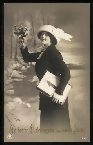 Foto-AK NPG Nr. 3182: Fräulein mit Blumenstrauss und Kalender, Neujahrsgruss
