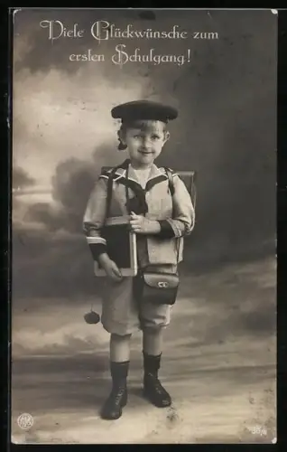 Foto-AK NPG Nr. 188/4: Kleiner Junge mit Schulranzen, Glückwunsch zum Schulanfang