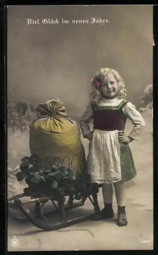 Foto-AK NPG Nr. 2640: Mädchen mit Geldsack auf Schlitten, Neujahrsgruss