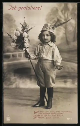 Foto-AK NPG Nr. 1844: Kleiner Junge mit Blütenzweig, Glückwunsch