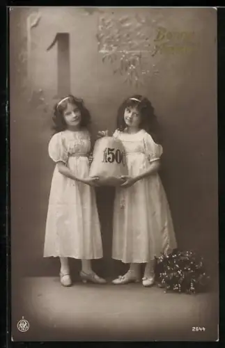 Foto-AK NPG Nr. 2644: Zwei Mädchen mit einem Geldsack, Neujahrsgruss