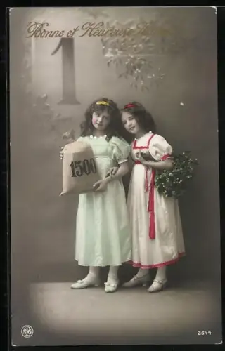 Foto-AK NPG Nr. 2644: Zwei Mädchen mit einem Geldsack, Neujahrsgruss