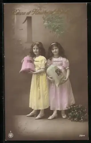 Foto-AK NPG Nr. 2644: Zwei Mädchen mit Geldsäcken, Neujahrsgruss